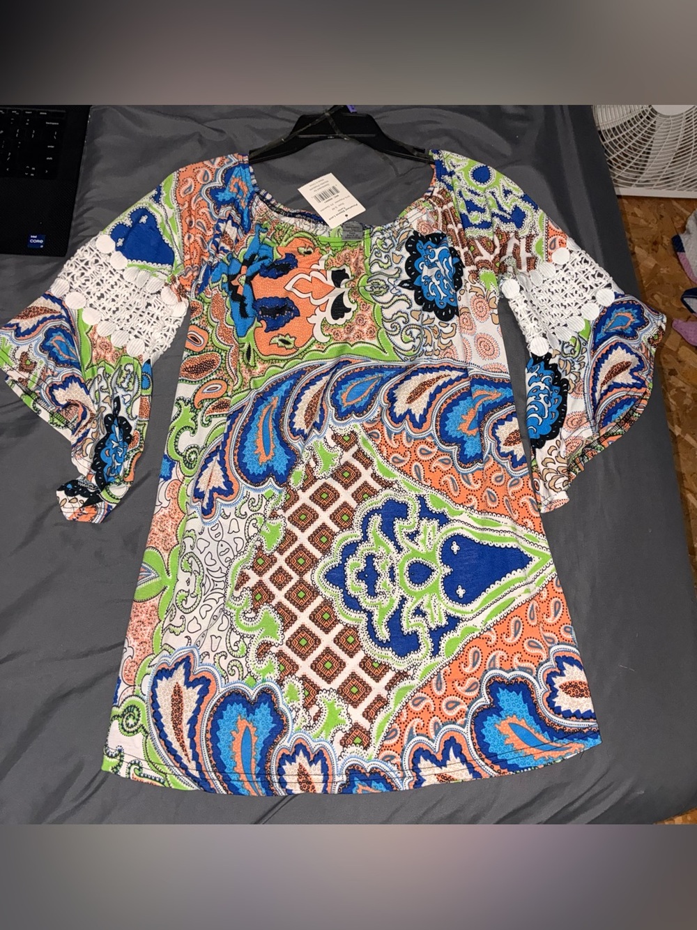 WinWin Multicolor Paisley Crochet-Sleeve Tunic Dress